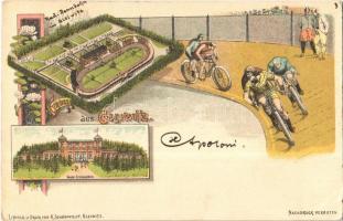 1898 Gliwice, Gleiwitz; Wald Schlosschen, Rad Rennbahn / castle, bicycle racetrack with cyclists. R. Schonwolf Art Nouveau, floral, litho (EK)