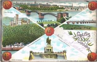 1900 Koblenz, Coblenz; Eisenbahnbrücke, Moselbrücke, Slozenfelz, Provinzial Denkmal Kaiser Wilhelm I. / railway bridge, statue. Worrings-Verlag Art Nouveau, litho