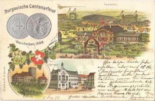 1898 Weinfelden, Thurgauische Centenarfeier, Festplatz, Rathaus, Schloss / Thurgau Centenary celebration, festival place, castle, town hall. Geser & Co. Art Nouveau, floral, litho