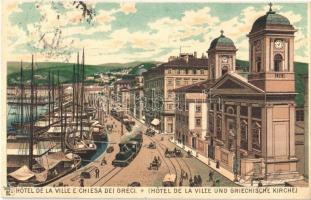 1901 Trieste, Trieszt; Hotel de la Ville e Chiesa dei Greci / town hall, church, quay and industrial railway, locomotive. litho