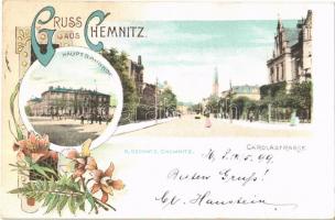 1899 Chemnitz, Hauptbahnhof, Carolastrasse / main railway station, street. R. Oschatz Art Nouveau, floral, litho