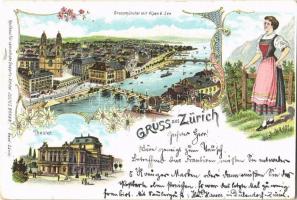 1898 Zürich, Grossmünster mit Alpen See, Theater / lake, bridges, theatre, folklore. Julius Brann Art Nouveau, floral, litho