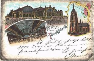 1898 Frankfurt, Hauptbahnhof, Inneres, Dom und Bartholomaus Kirche / railway station interior, dome and church. Art Nouveau, floral, litho