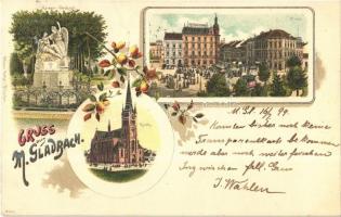 1899 Mönchengladbach, Krieger Denkmal, Kirche, Platz, Deutsches Haus / military heroes monument, church, market square, German House. Ottmar Zieher Art Nouveau, floral, litho