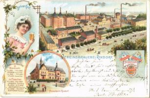 1899 Berlin, Neukölln (Rixdorf); Vereinsbrauerei, Berliner Kindl, Ausschank / brewery, beer, restaurant. D. dreyfuss Art Nouveau, floral, litho  (EK)