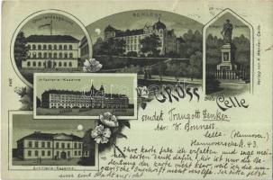 1898 Celle, Schloss, Krieger Denkmal, Oberlandergericht, Infanterie Kaserne, Artillerie Kaserne / castle, military barracks, heroes monument. K. Werner Art Nouveau, floral, litho (EK)