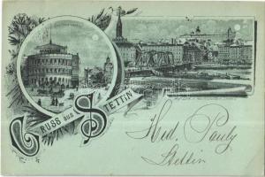 1898 Szczecin, Stettin; Das Stadttheater, die Baumbrücke / theatre, bridge. A. Hochstetter Art Nouveau, floral, litho