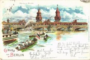 1899 Berlin, Oberbaum Brücke / bridge, rowing team. Kunstanstalt Paul Finkenrath litho