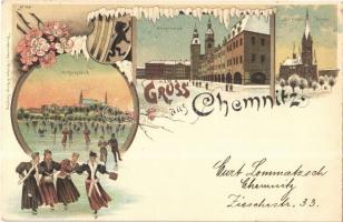 1898 Chemnitz, Schlossteich, Hauptmarkt, St. Petri Kirche / ice skaters, main square, church, winter. Winkler & Voigt Art Nouveau, floral, litho