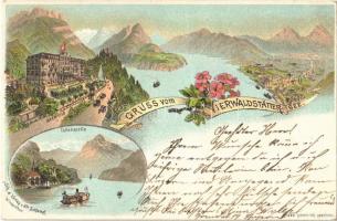 1898 Vierwaldstättersee, Lake Lucerne; Axenfels, Tellskapelle. Schlumpf floral, litho (EK)