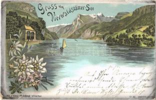 1898 Vierwaldstättersee, Lake Lucerne; Rütli, Tellskapelle. Schlumpf floral, litho