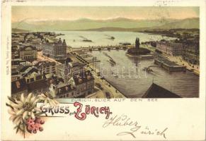 1898 Zürich, Blick auf den See / lake. Carl Künzli floral, litho