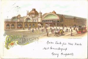 1898 Dresden, Hauptbahnhof / railway station, tram. Moritz Zobel floral, litho (EK)
