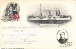 1898 US Cruiser Olympia, flagship of the Asiatic Squadron. Rear Admiral George Dewey USN , the hero of Manila (EB)