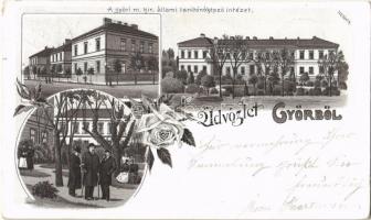 1899 Győr, M. kir. állami tanítónőképző intézet, sétáló urak és hölgyek a parkban. Art Nouveau, floral, litho (EK)