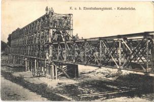 K.u.K. Eisenbahnregiment. Kohnbrücke. Verlag J. L. K. No. 80. / Austro-Hungarian railway regiment, military railway bridge construction, truss bridge with soldiers (EK)