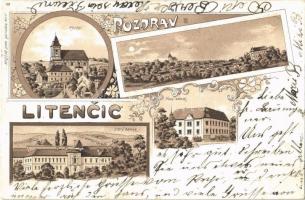 Litencice, Kostel, Stary zamek, Novy zámek / church, old and new castles. Jan Novotny Art Nouvea, floral, litho (EK)