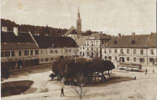 1908 Ljutomer, Luttenberg; Hauptplatz, Gemeindeamt / Main square, church, town hall, shops of A. Huber, Ivan and Kukovec Mlinskih Izdelkov, Trinity statue, cargo cart. photo