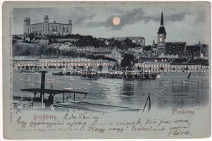 1899 Pozsony, Pressburg, Bratislava; Duna és vár, este. Világosság felé tartandó.W. Hagelberg, photogr. K. Körper / Danube and castle, night. Hold to light litho