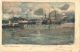 1905 Pola, Pula; K.u.K. Kriegsmarine Kriegshafen / Austro-Hungarian Navy port with ships. Kuenstlerpostkarte No. 1785. von Ottmar Zieher litho