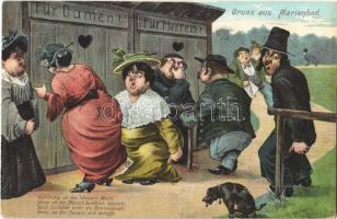 Gruss aus Marienbad / Jewish men and women waiting for the toilet. Judaica humour, Ottmar Zieher