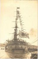 Imperial Japanese Navy battleship (Fuji?) with flags. photo