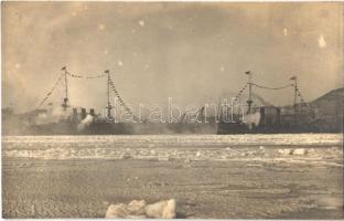 Imperial Japanese Navy battleship with flags in winter. photo
