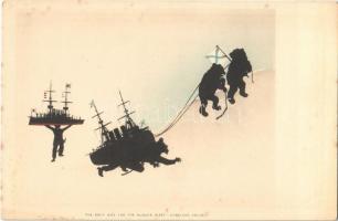The only way for the Russian fleet - Overland route. Russo-Japanese War naval battle. Silhouette art postcard (EK)