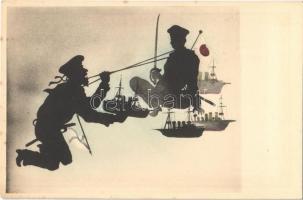 Russo-Japanese War naval battle. Silhouette art postcard