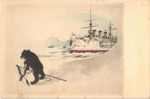 Russo-Japanese War naval battle. Silhouette art postcard with bear and battleship