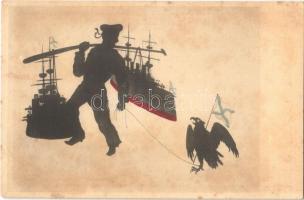Russo-Japanese War naval battle. Silhouette art postcard with mariner, battleships and eagle (fl)