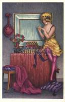 Cabinet de Toilette. Fantaisies trichromes. Paris, A. Noyer Serie No. 148. / French gently erotic art postcard s: Xavier Sager