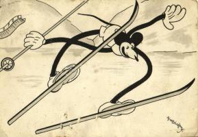 1936 Mickey Mouse skiing. Klösz early Disney art postcard s: Bisztriczky (lyukak / holes)