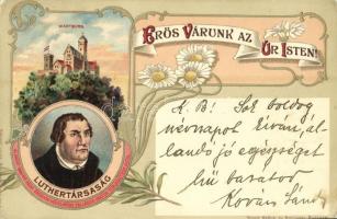 1906 Erős várunk az Úr Isten! Wartburg. Luthertársaság alakult 1884-ben prot. érdekek védelmére vallásos iratok terjesztése által. Nyomta Kellner és Mohrlüder / Martin Luther Art Nouveau, floral, litho