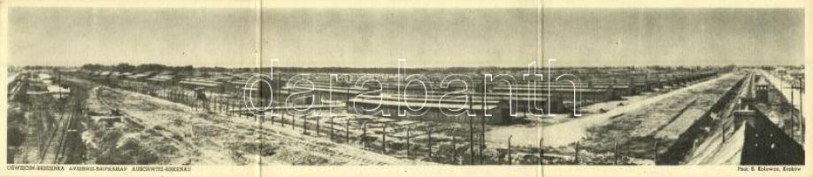 Auschwitz-Birkenau, Oswiecim-Brzezinka; Concentration camp in winter. 3-tiled folding panoramacard. Phot. S. Kolowca / koncentrációs tábor télen. Három részes kinyitható panorámalap