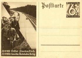 1933 Erster Spatenstich - 1936 1000 km Autobahn fertig / 1933 First Groundbreaking - 1936 1000 km highway completed. Adolf Hitler, NSDAP German Nazi Party propaganda. 6+4 Ga.