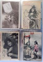 Kb. 250 db RÉGI romantikus motívum képeslap albumban: hölgyek, gyerekek és fotók. Vegyes minőség / C...