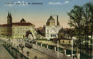 1915 Temesvár, Timisoara; Liget út és izraelita templom, zsinagóga, villamos / street view, synagogue, tram