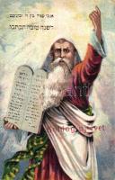 Héber zsidó újévi üdvözlőlap Mózessel / Jewish New Year greeting card with Hebrew texts and Moses. Judaica, litho (EK)