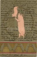 1903 Boldog új évet! Szecessziós dombornyomott művészlap malacokkal / New Year greeting, embossed Art Nouveau pigs (EK)