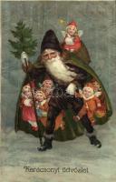 1938 Karácsonyi üdvözlet! Mikulás / Christmas greeting art postcard with Saint Nicholaus. A.G.B. litho