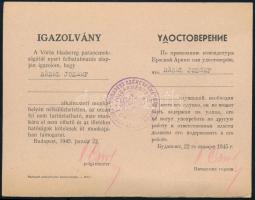 1945 Vörös Hadsereg kétnyelvű igazolása, hogy a személy a munkahelyén nélkülözhetetlen, az utcán fel nem tartóztatható, más munkára el nem vihető és az illetékes hatóságok kötelesek őt munkájában támogatni, 1945. jan. 22., bélyegzéssel
