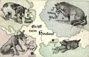 Es ist zum Heulen! / Belfast, Iwangorod, Belfort, Belgrad. WWI military satire with the dogs of Britain, France, Serbia and Russia. Albert Oesterreicher 1163. (EK)