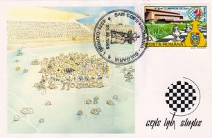 Jugoszlávia: J.Prokopljevic sakkarikatúrája, román sakkbélyeg és bélyegzés C