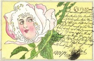 1900 Lady head in flower. Art Nouveau, litho (small tear)