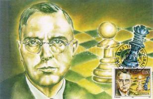 Jugoszlávia: M.Euwe az őt ábrázoló bélyeggel és sakkbélyegzővel, hátoldalán szintén sakkbélyeg és bélyegzés C