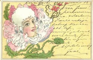 1900 Lady head in flower. Art Nouveau, litho (EK)