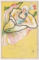 1901 Lady head in flower. Art Nouveau decorated litho
