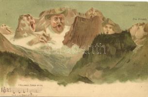 Dachstein, Die Drindeln. F. Killinger No. 136. / Mountain with a human face, litho