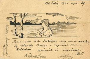 1900 Torbágy, Biatorbágy; Szecessziós hölgy, kézzel rajzolt / Art Nouveau lady. Hand-drawn art postcard s: Schwich Brúnó (?) (EK)